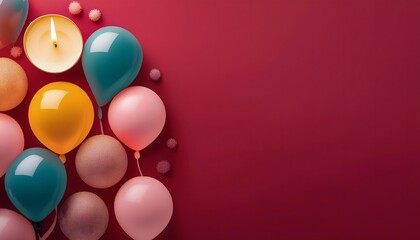 HAPPY New Year banner template. Flat lay composition with balloons, and candles on deep red