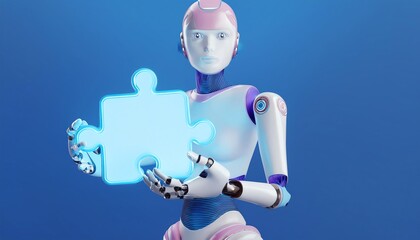 A futuristic robot holds a glowing puzzle piece against a blue background, symbolizing technology and problem-solving.