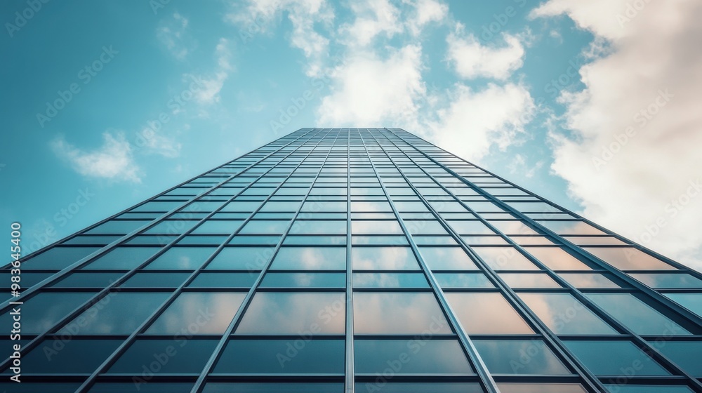 Poster a multi-storey office building with glass windows reaching towards the sky, creating a professional 