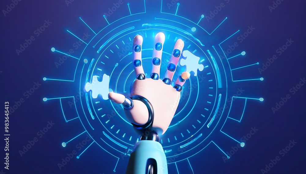 Poster a futuristic robotic hand interacting with digital elements, symbolizing advanced technology and inn