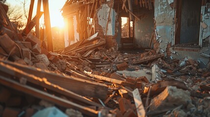 House in ruins with wooden boards and debris following a catastrophic seismic event.