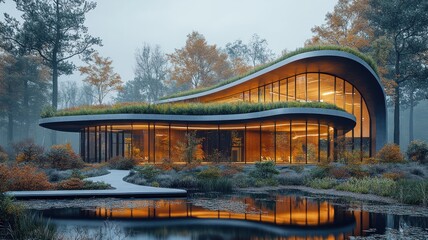 Modern curved house surrounded by trees and a reflective pond.