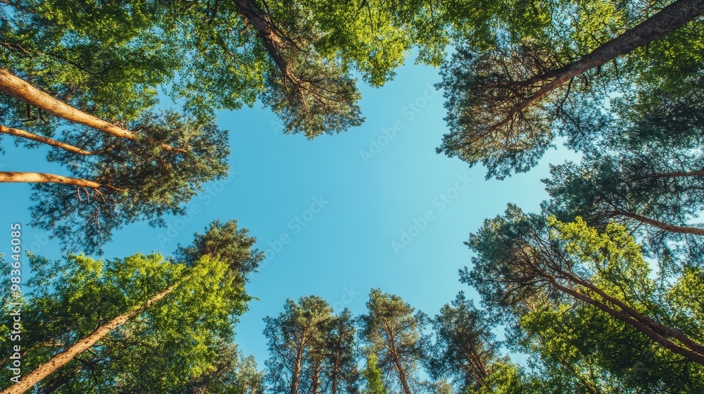 Wall mural a panoramic view of towering green trees against a clear blue sky. perfect for framing nature-themed