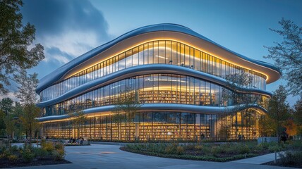 Modern library building with sleek design and warm lighting.