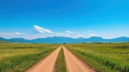 Fototapeta premium A peaceful dirt road crosses a vast open field with mountains in the distance under a clear blue sky. Perfect for adventure and exploration