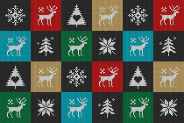 Retro Christmas colorful knitted patchwork seamless Pattern. Knit texture winter holiday symbols in a colorful checkerboard, knitted reindeer, knitted  snowflakes, knitted Christmas tree and fir tree.