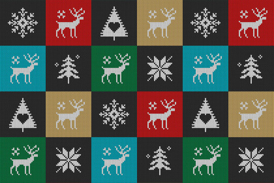 Retro Christmas colorful knitted patchwork seamless Pattern. Knit texture winter holiday symbols in a colorful checkerboard, knitted reindeer, knitted  snowflakes, knitted Christmas tree and fir tree.