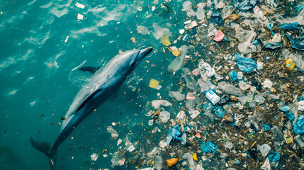 An aerial view of dolphins struggling in a polluted ocean, surrounded by plastic waste and debris. A powerful reminder of the environmental impact for World Ocean Day