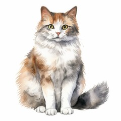 Obraz premium Beautiful Watercolor Illustration of a Fluffy Cat with Calico Fur Sitting Gracefully - Ideal for Art Prints, Home Decor, and Creative Projects