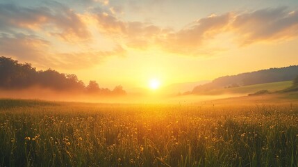 Misty Sunset Over a Field of Wildflowers and Rolling Hills