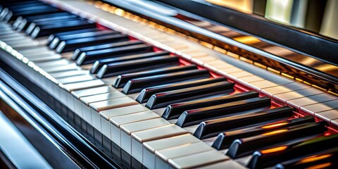 A detailed glimpse of refined piano keys illustrates the classic instrument's iconic black and white aesthetics,