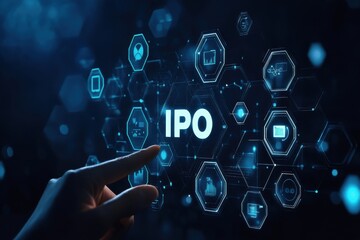 A hand is pointing to the word IPO on a blue background