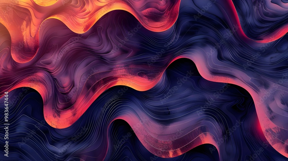 Poster abstract background with smooth wavy lines in purple and orange colors - generated ai