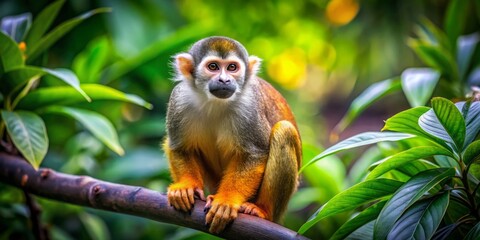 Obraz premium Amid lush greenery, a curious Rio monkey sits on a branch, showcasing the vibrant beauty of the tropical