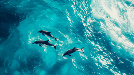 Obraz premium Aerial view Group of dolphins swimming in the ocean with crashing waves, symbolizing the beauty of marine life. Protect animals and the ocean environment. Background marine life