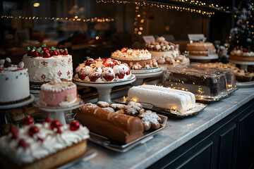 Delicious Christmas Cakes and Desserts on Display in Bakery Shop Window