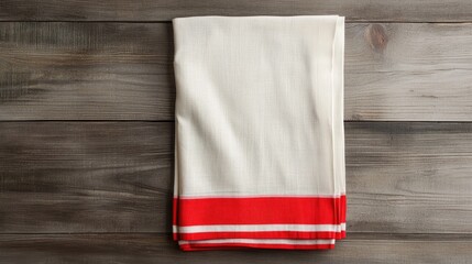 Fototapeta premium A pure cotton white dhoti with red border, laid flat on a simple wooden surface, minimal background.
