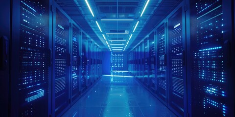 Illuminated server room featuring vibrant blue machinery loaded with extensive data.