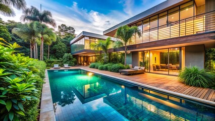 Fototapeta premium An exquisite modern swimming pool gracefully bordered by lush greenery, complemented by sleek contemporary