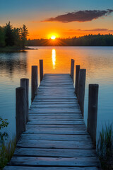 Fototapeta premium Lonely Dock Bathed in the Warm Glow of a Setting Sun - Breathtaking Scenic Beauty of Nature
