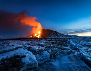 Fototapeta premium A landscape view of an underground volcanic eruption on an ice-covered barren waste melting away the land