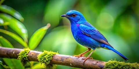 Obraz premium A striking blue tit bird rests gracefully on a branch, enveloped by abundant green foliage, beautifully showcasing