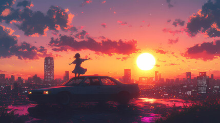 Obraz premium depicting a sunset over a city in the background woman dancing on top of an car, watching it burn to ashes. The image has a lo-fi, colorful aesthetic lo-fi music genre Generative AI. 