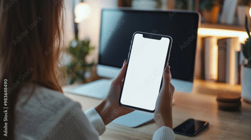 Wall mural woman holding a mobile phone with a blank desktop screen generative ai