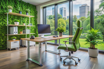 Sleek modern office workstation desk with ergonomic chair and dual monitors in a vibrant green workspace with natural light and trendy decor accents.