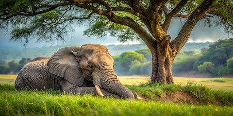 Fototapeta premium Beneath a shady tree, a tranquil elephant sleeps peacefully, embraced by the lush greenery and vibrant nature that
