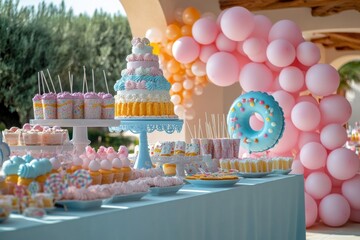 A pink and blue table with a pink balloon arch and a donut cake