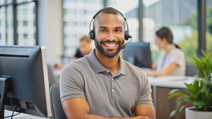 Naklejka premium Friendly brown male staff sitting at modern help desk in an office, wearing a gray polo collar shirt, smiling warmly with no one in the background.