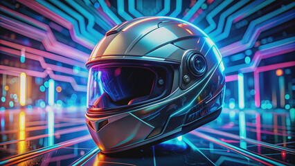 Advanced motorcycle helmet with built-in augmented reality display and collision detection system on futuristic background with neon lights and circuit board patterns.