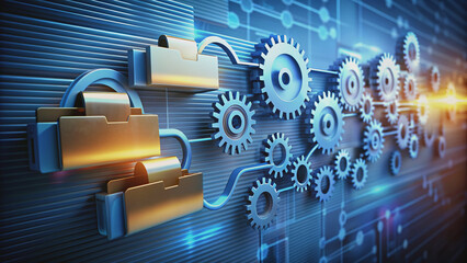Digital folders and files flowing smoothly from an old system to a new one, with gears and arrows symbolizing efficient data transfer and integration.