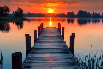 Obraz premium Lonely Dock Bathed in the Warm Glow of a Setting Sun - Breathtaking Scenic Beauty of Nature