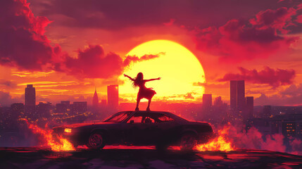 depicting a sunset over a city in the background woman dancing on top of an car, watching it burn to ashes. The image has a lo-fi, colorful aesthetic lo-fi music genre Generative AI.	