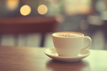Obraz premium A warm cup of coffee sits on a wooden table in a cozy cafe with a vintage tone and soft bokeh background, inviting relaxation and comfort