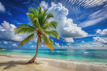 Serene tropical beach scene featuring a lone palm tree swaying gently against a brilliant blue sky with fluffy white clouds and turquoise ocean waves.