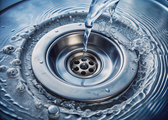 Close-up of water drain in the washbasin. The flow of water into the sewer in the bath. Stainless steel sink plug hole. Generative AI
