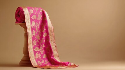 A traditional Banarasi sari in bright pink and gold, draped on a plain wooden stand, simple beige backdrop.
