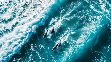 Aerial view Group of dolphins swimming in the ocean with crashing waves, symbolizing the beauty of marine life. Protect animals and the ocean environment. Background marine life