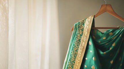 A traditional green and gold sari, elegantly draped on a wooden hanger, set against a clean beige backdrop.