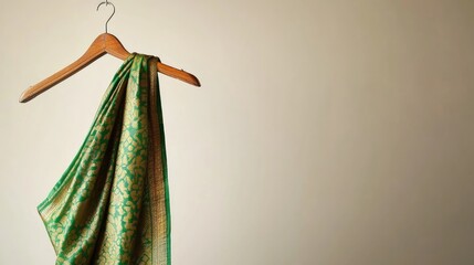 A traditional green and gold sari, elegantly draped on a wooden hanger, set against a clean beige backdrop.