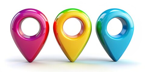 Colorful drop pins with shadows on a white background for location marking and navigation purposes