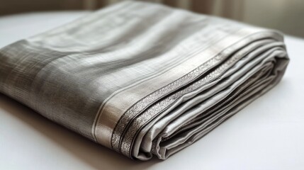 A traditional light gray silk dhoti with silver border, neatly folded on a plain white table.
