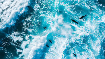 Obraz premium Aerial view Group of dolphins swimming in the ocean with crashing waves, symbolizing the beauty of marine life. Protect animals and the ocean environment. Background marine life