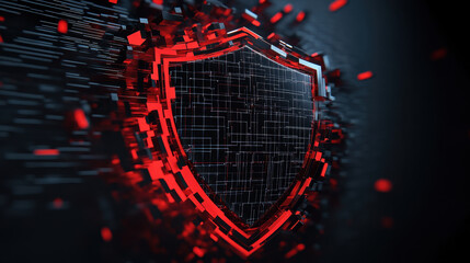 A striking abstract shield icon representing cyber threat prevention, featuring dynamic design with red and black elements. This image conveys sense of security and vigilance in digital realm