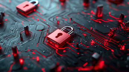 Digital locks symbolize cybersecurity, protecting data on circuit board with red highlights. This image conveys importance of safeguarding information in digital landscape