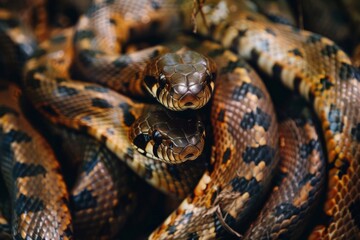 Group of snakes tangled together in a mysterious encounter under the forest canopy during daytime