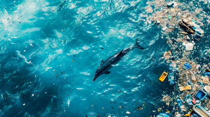 An aerial view of dolphins struggling in a polluted ocean, surrounded by plastic waste and debris. A powerful reminder of the environmental impact for World Ocean Day